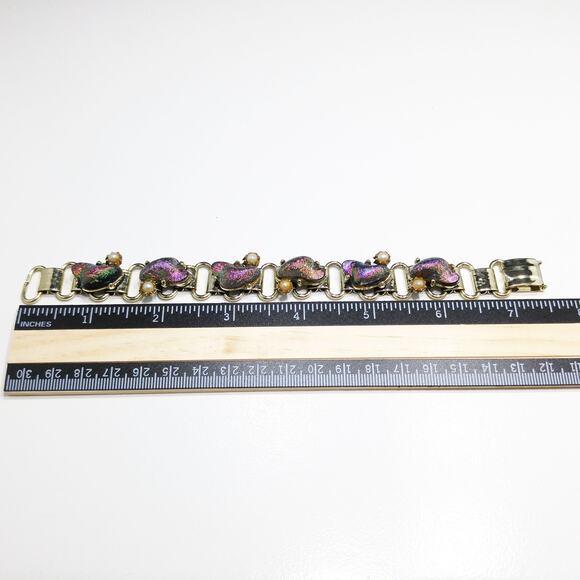 Vintage Holographic Art Glass Bracelet, Book Chain, Faux Pearls, 1960s Jewelry - Picture 5 of 10